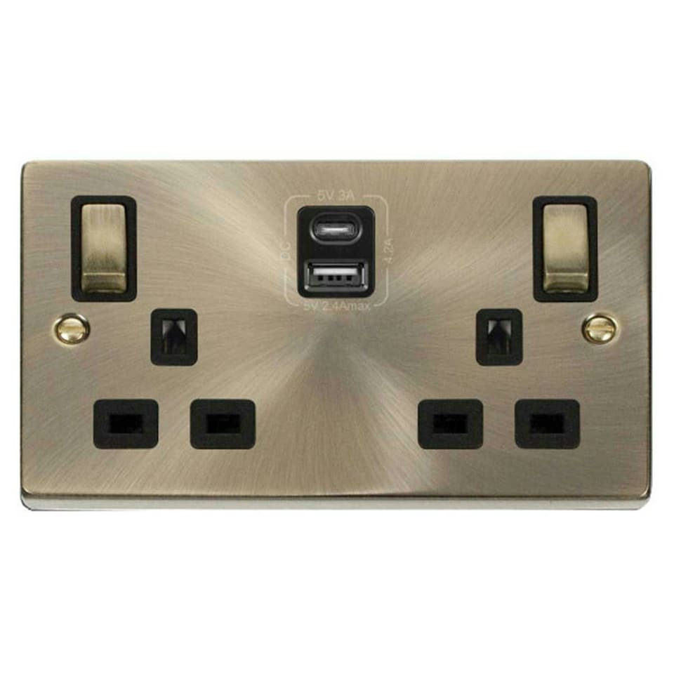 image 1 of SE HOME Antique Brass 2 Gang 13A DP Ingot Type A & C USB Twin Double Switched Plug Socket Brown | Antique Brass
