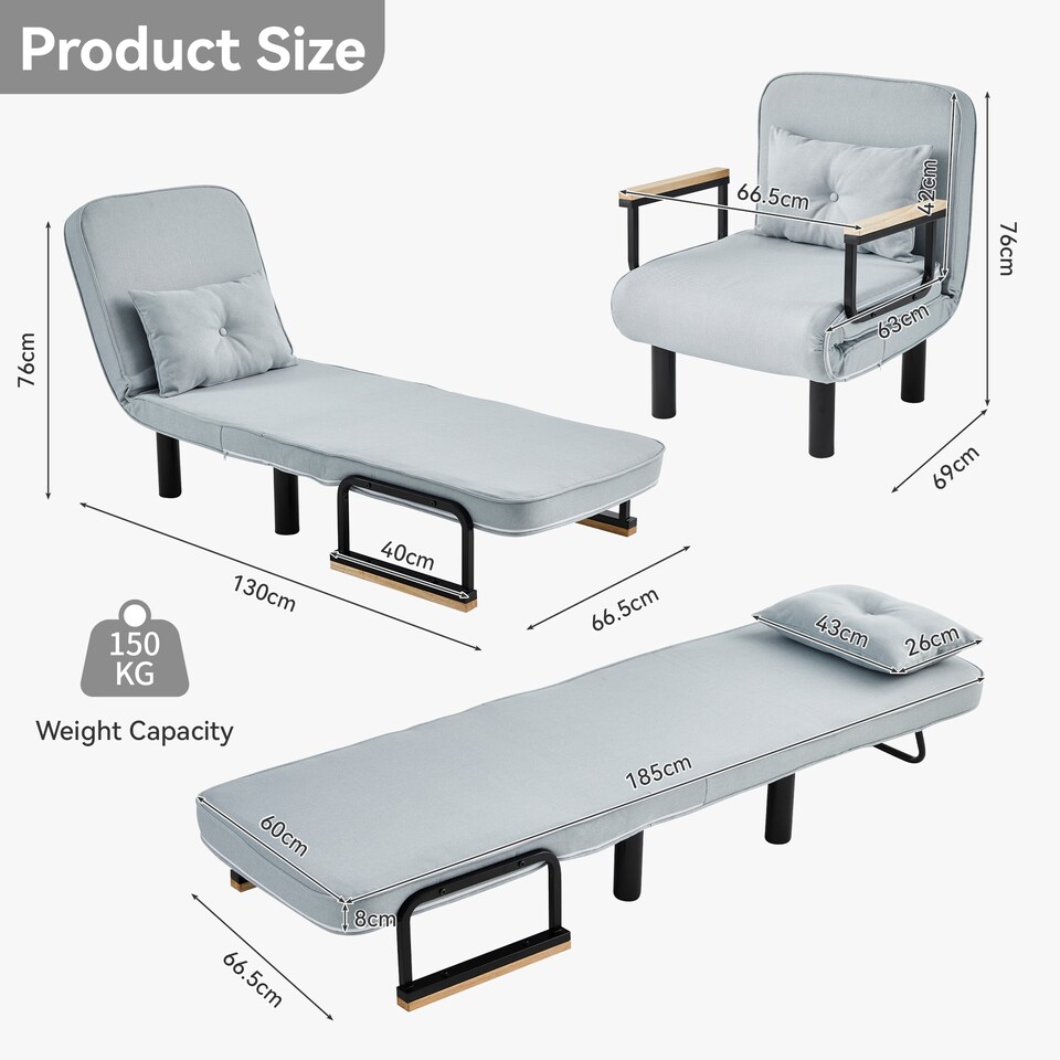 image 1 of 4 in 1 Folding Single Sofa Bed Convertible Lounge Sleeper Chair with Adjustable Backrest and Large Cushion Light Grey