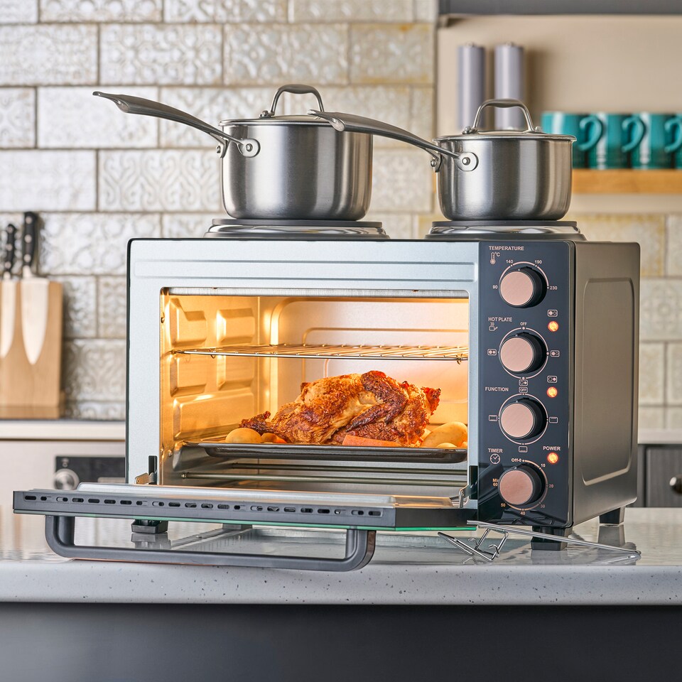 image 1 of Cooks Professional 28L Mini Oven with 2 Hobs - Electric Multifunction Countertop Cooker | Black | Black & Copper