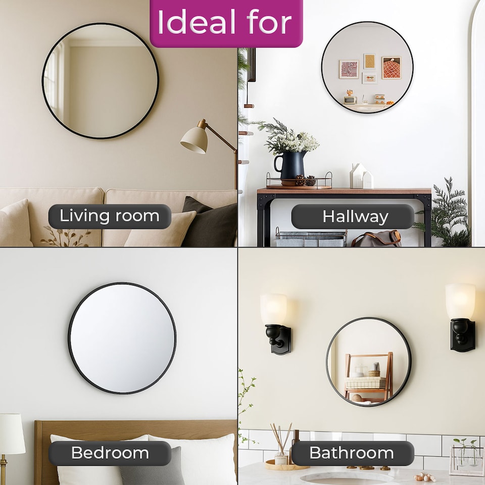 image 1 of Neo 40cm Black Round Metal Frame Wall Mirror Float Glass HD Reflection Anti Rust Moisture Proof Wall Mounted Bathroom Bedroom Hallway Living Room Vanity | Black | Black