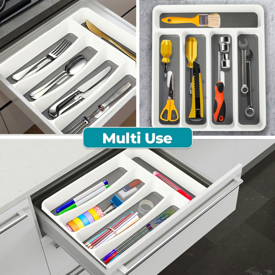 image 1 of Plastic Kitchen Cutlery Tray Organiser Rack Holder Drawer Insert Tidy Storage Grey