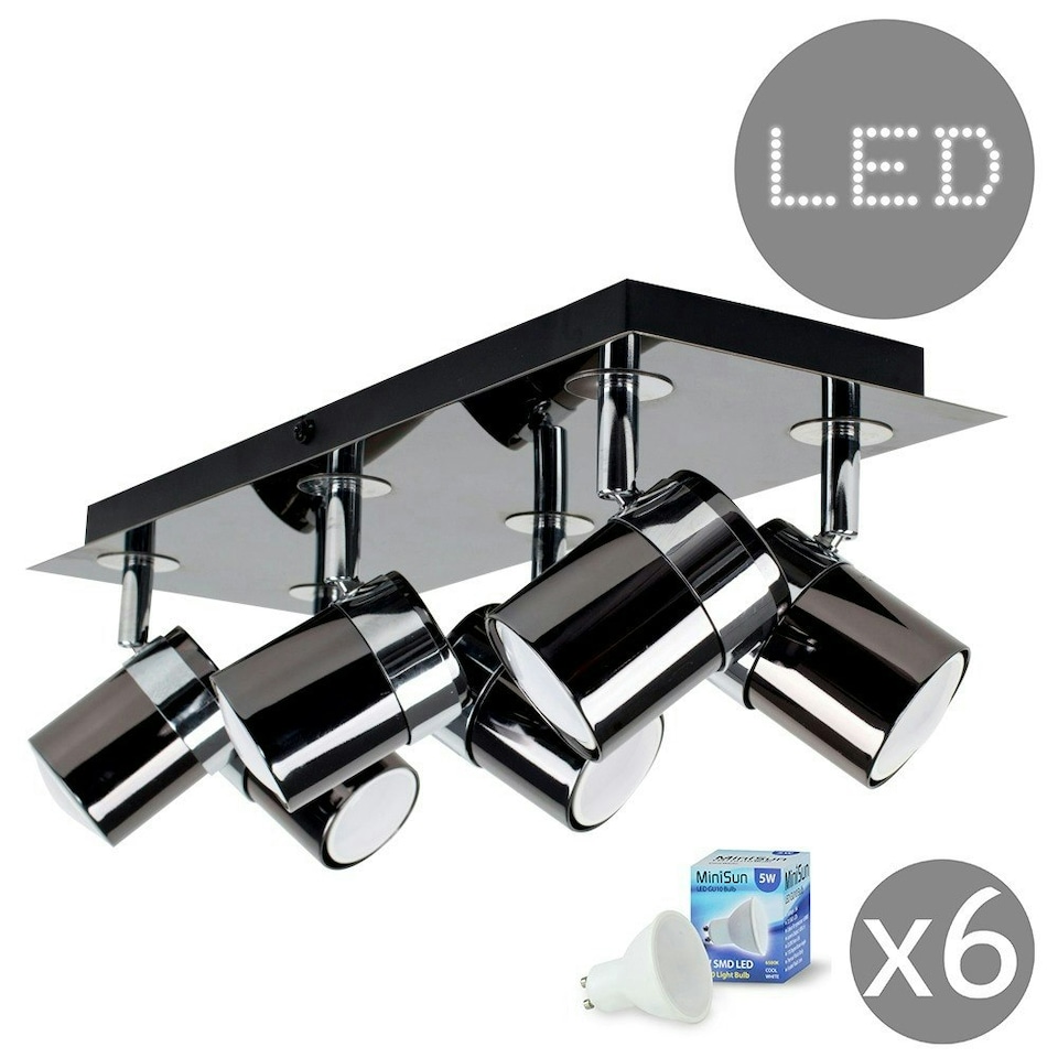 image 1 of ValueLights Rectangular 6 Way Adjustable Ceiling Spotlight in a Black Chrome Finish - Complete 5w GU10 LED Bulbs 6500K Cool White