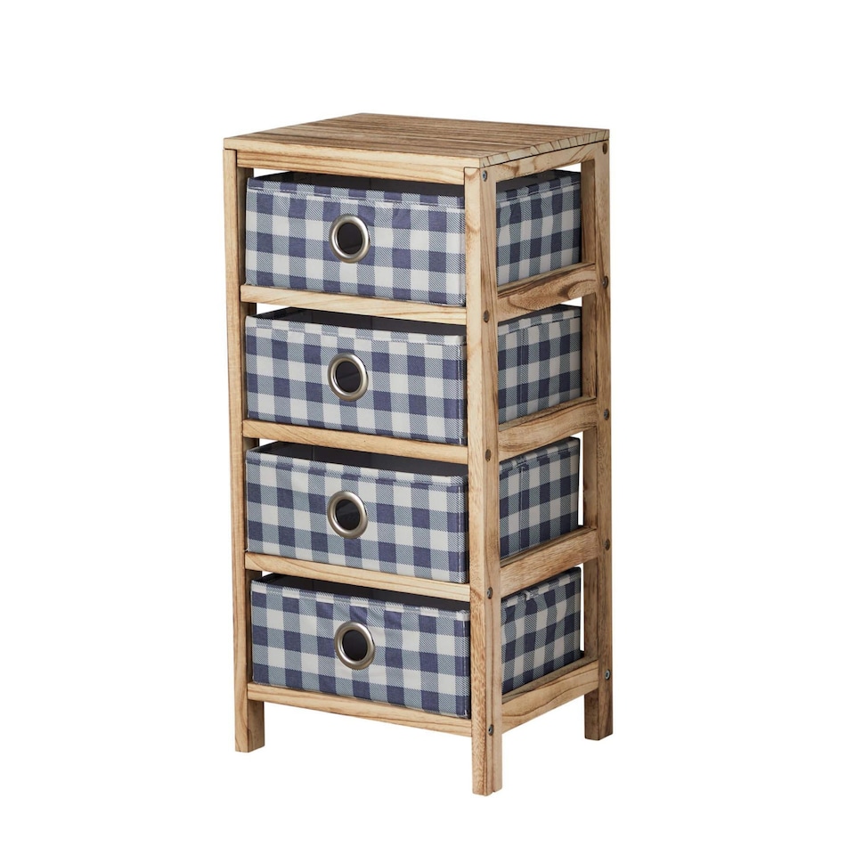 image 1 of Wooden Chest Of Storage Drawers Plaid Fabric Bedroom Organiser Coastal Style | Brown
