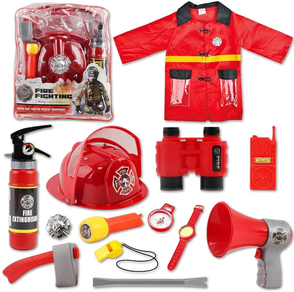 image 1 of Washable Fireman Costume Set with Storage Backpack Real Water Shooting Extinguisher and Accessories