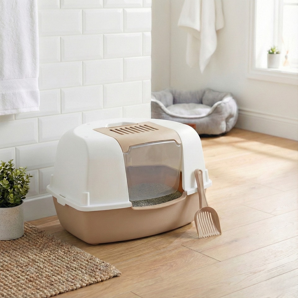 image 1 of Large Cat Corner Litter Tray Hooded Deep Cover Toilet Flap Box with Filter & Scoop | Multi | Mocca | 1