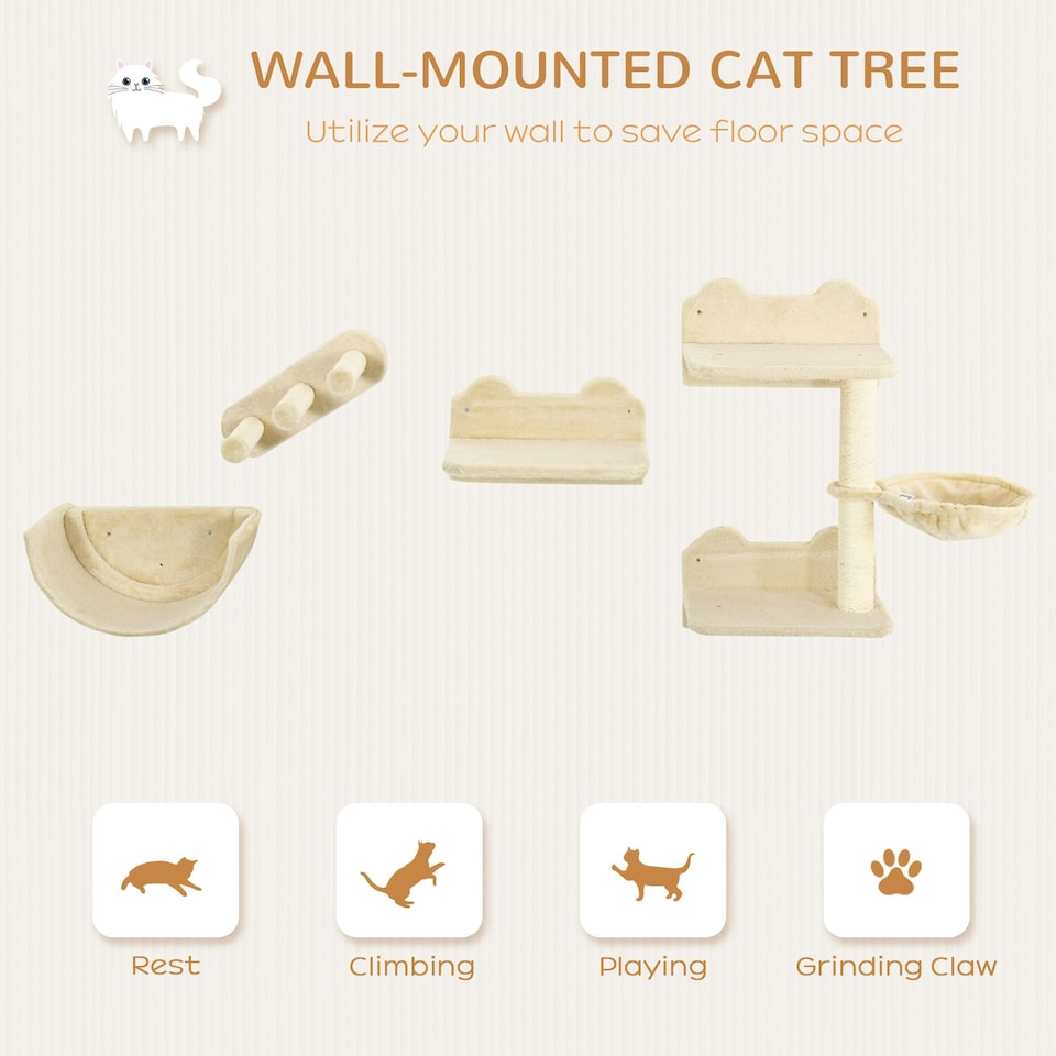 image 1 of PawHut Wall Mounted Cat Tree 4PC Kitten Activity Centre with Sisal, Beige