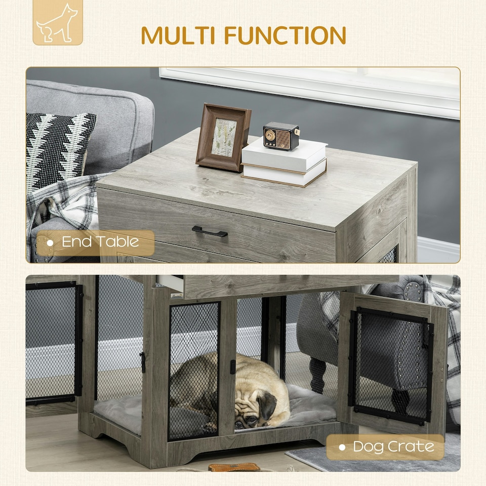 image 1 of PawHut Modern Pet Crate End Table w/ Double Doors, Drawer, for Medium Dogs