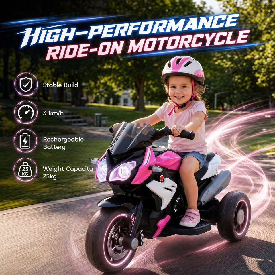 image 1 of HOMCOM Kids Electric Motorcycle with 3 Wheels, Headlight, Music, Horn, Pink