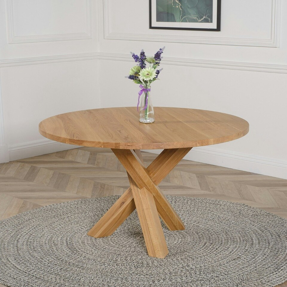 image 1 of Oregon Round Oak Dining Table with Washington Leather Chairs Brown