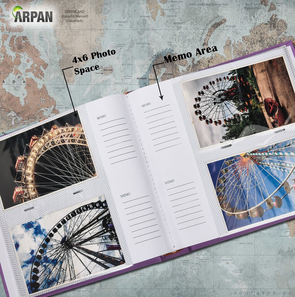 image 1 of ARPAN Slip In Case Book-Bound Memo Photo Album – Holds 200 Photos 6" x 4" (10x15cm) – Hardcover Memory Album with Writing Space for Family, Wedding & Travel Pictures