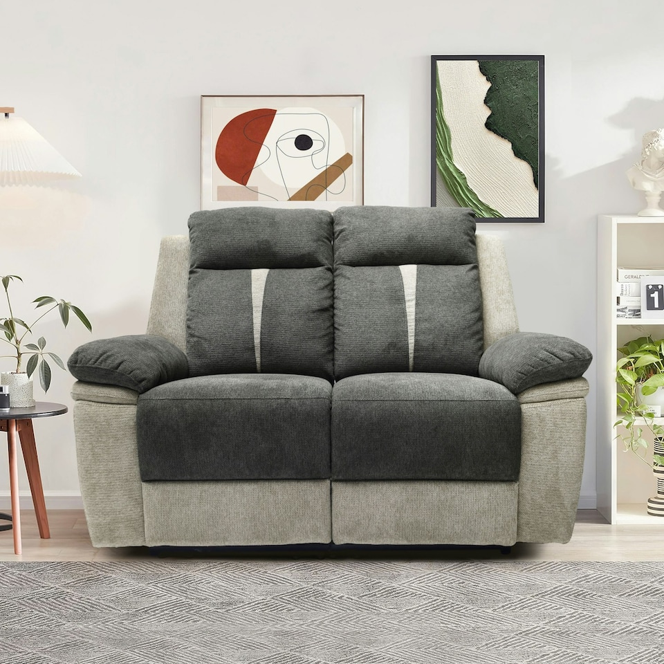 image 1 of Fabric Manual Recliner 2-Seater Sofa Two Tone Light And Dark Grey
