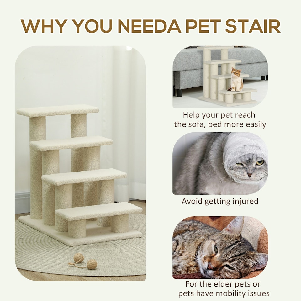 image 1 of PawHut Dog Steps for Bed 4 Step Pet Stairs for Dog Cat Climb Ladder Cream