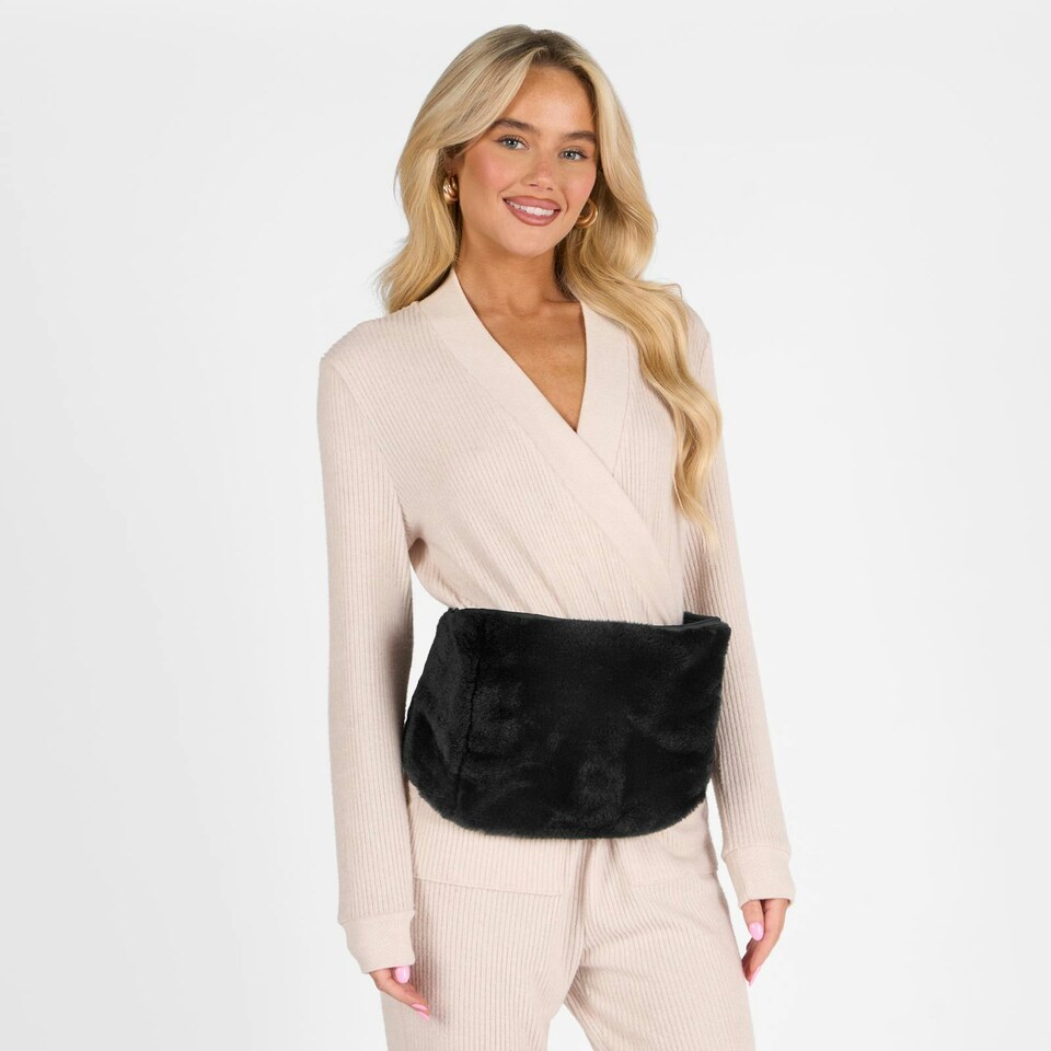 image 1 of OHS 1L Extra Long Hot Water Bottle & Soft Winter Warm Faux Fur Cover Body Wrap - Black