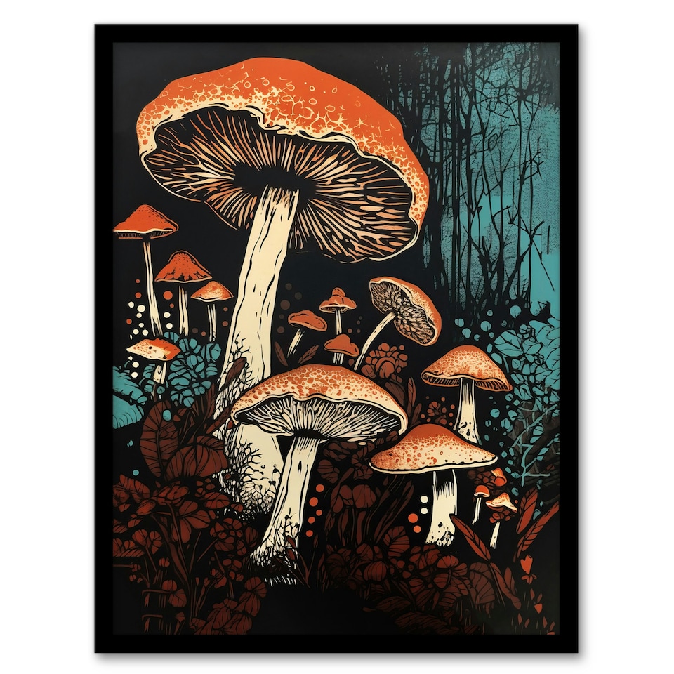 image 1 of Vintage Fungi Aesthetic Mushroom Earthy Black Framed Wall Art Print A4