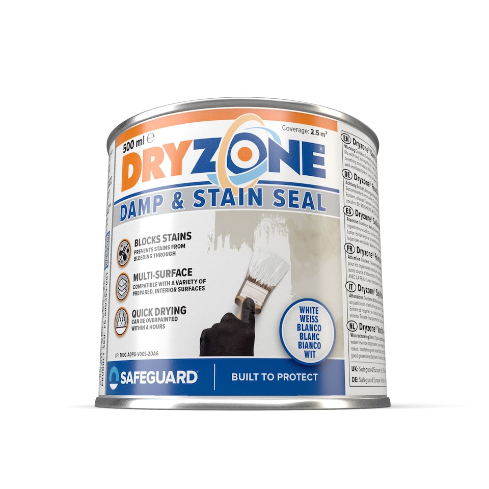 image 1 of Dryzone White Stain Seal & Damp Proof Paint (500ml, White) - Block Damp on Interior Walls | White | White | 500ml