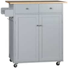 HOMCOM Rolling Kitchen Island on Wheels, Utility Serving Cart with Rubber Wood Top, Towel Rack, Hooks and Storage Drawers, Grey