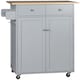 image 1 of HOMCOM Rolling Kitchen Island on Wheels, Utility Serving Cart with Rubber Wood Top, Towel Rack, Hooks and Storage Drawers, Grey