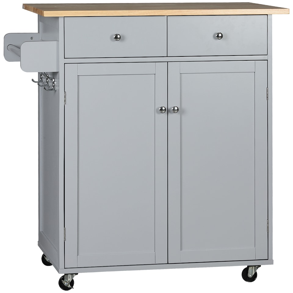 image 1 of HOMCOM Rolling Kitchen Island on Wheels, Utility Serving Cart with Rubber Wood Top, Towel Rack, Hooks and Storage Drawers, Grey
