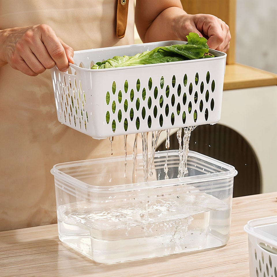 image 1 of Living and Home 3pcs Fridge Storage Containers Box with Removable Drain Baskets | Grey