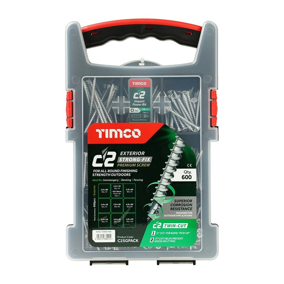 image 1 of Timco - C2 Strong-Fix Exterior Multi-Purpose Premium Screws - Mixed Grab Pack - PZ - Double Countersunk - Silver (Size 600pcs - 600 Pieces)