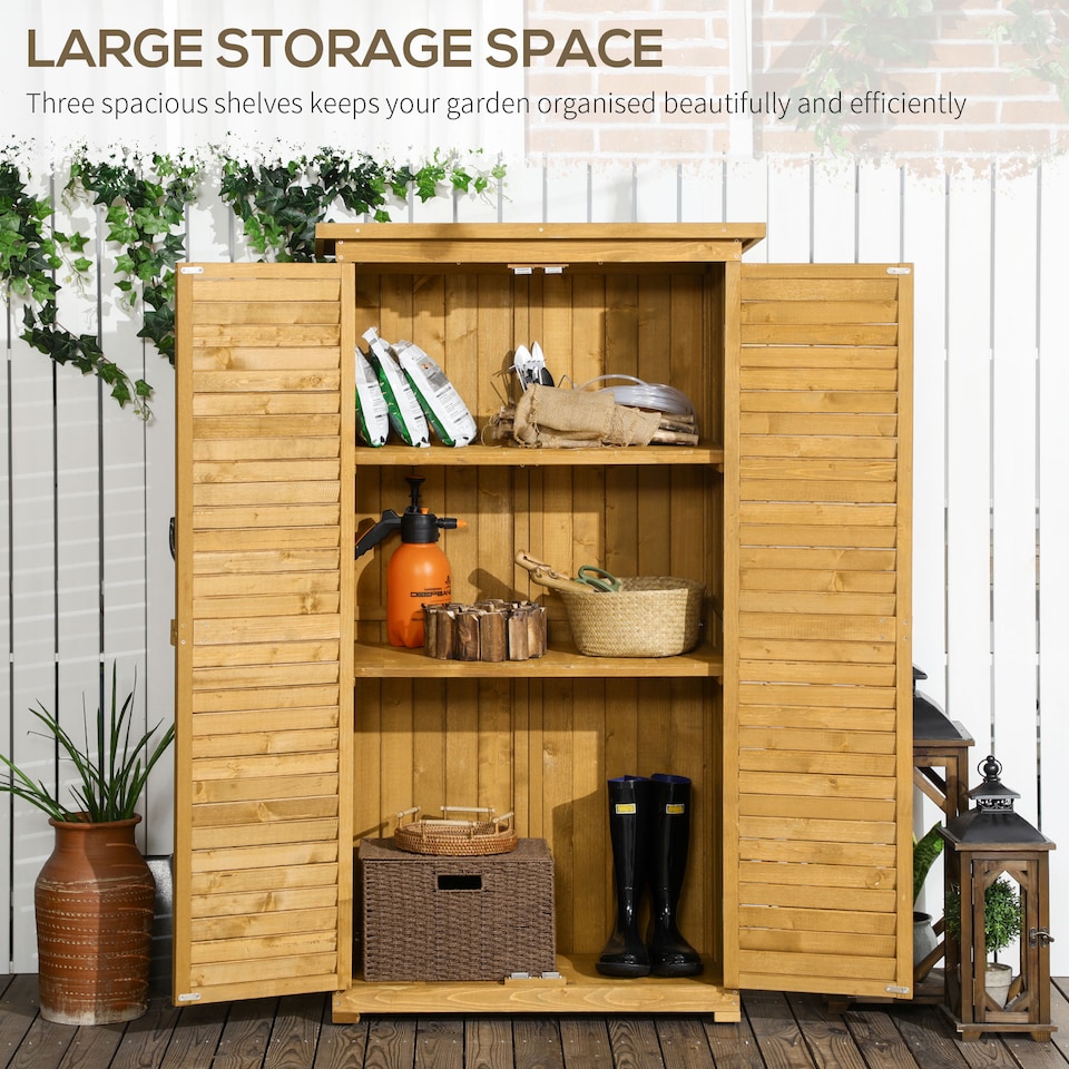 image 1 of Outsunny Small Shed, Wooden Garden Storage Shed, 3 Shelves Outdoor Tool Shed Cabinet with Asphalt Roof and Shutter Doors, 87cm x 47cm x 160cm, Natural Wood Finish