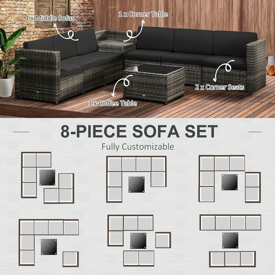 image 1 of Outsunny 8Pcs Patio Rattan Sofa Set Garden Furniture Side Table w/ Cushion