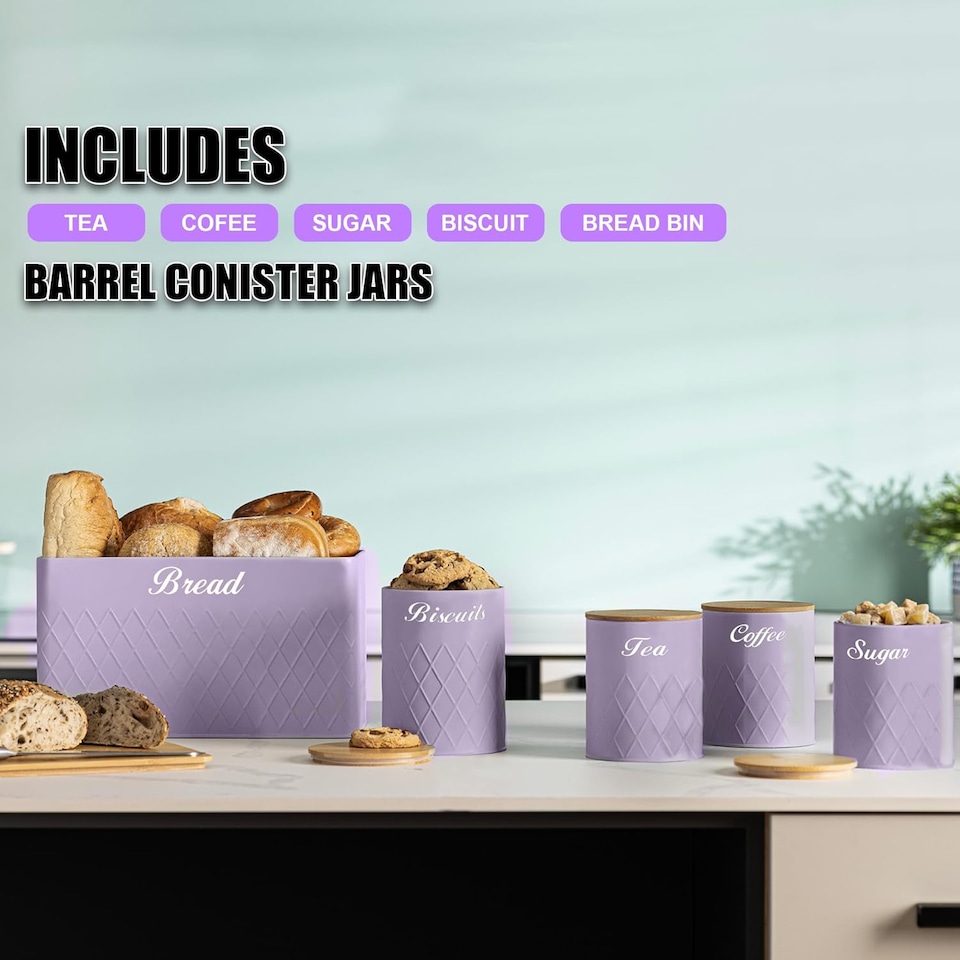 image 1 of 6Pcs Kitchen Storage Canister Jars with Can Opener Airtight Bamboo Lid Tea Coffee Sugar Bread Tins Set