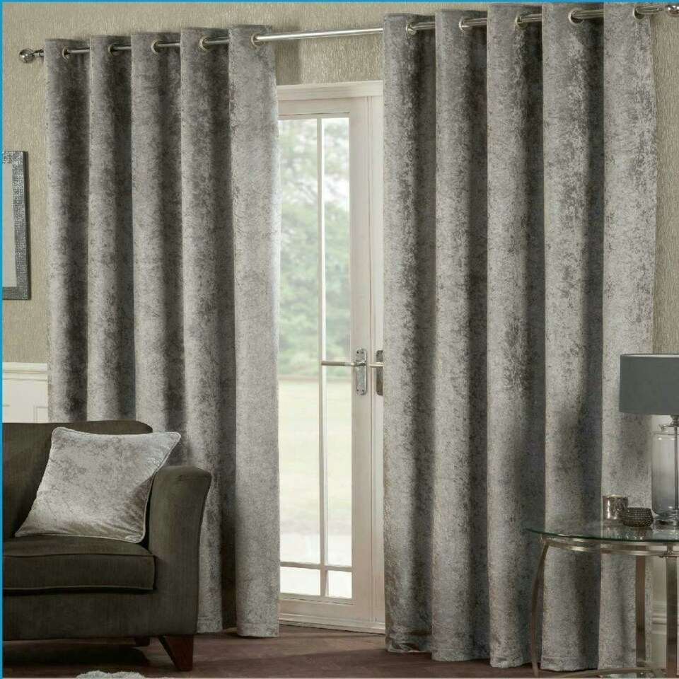 image 1 of Crushed Velvet Eyelet Curtains - Charcoal - 116 cm x 229 cm