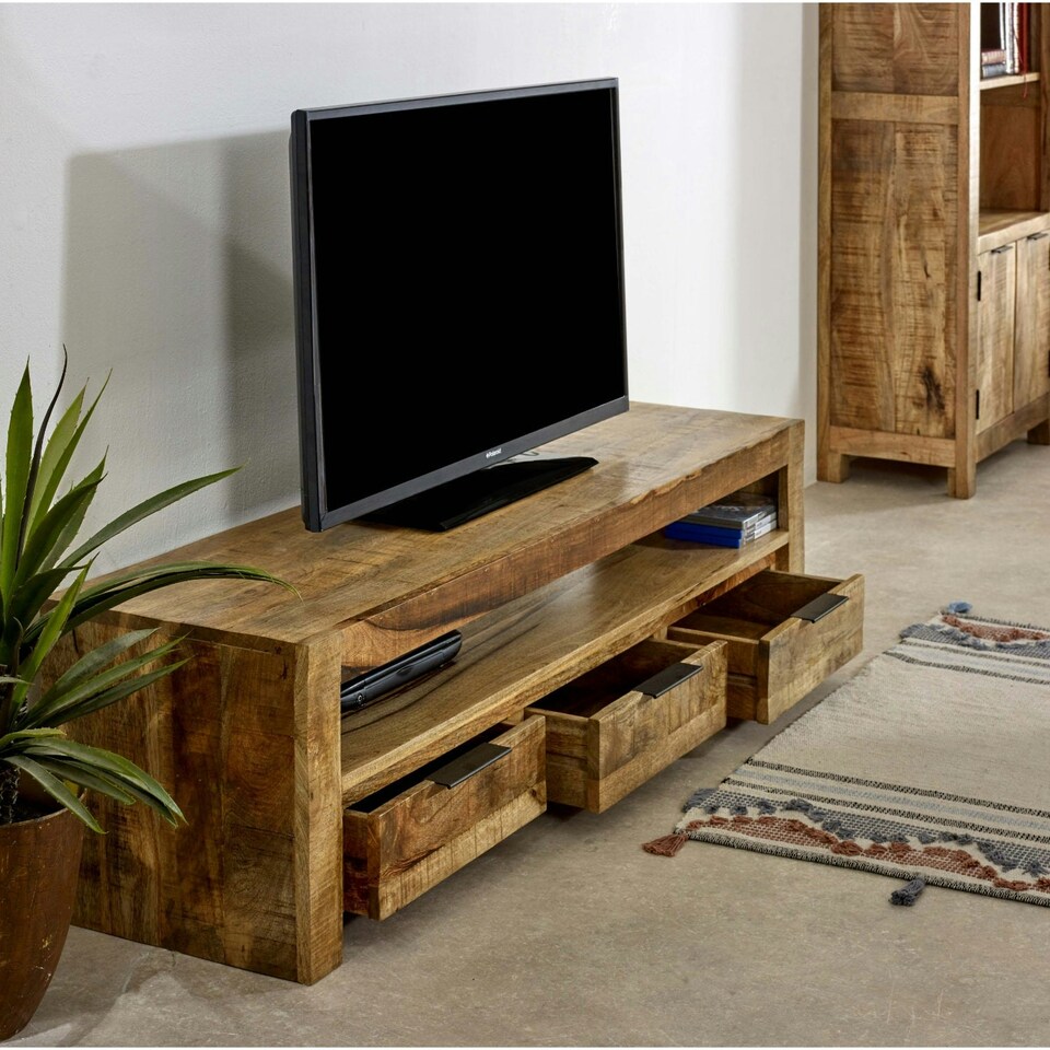image 1 of Valor Mango Wooden Large TV Stand With 3 Drawers Brown