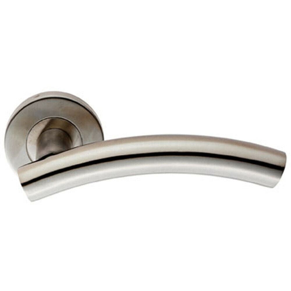 Loops PAIR Arched Round Bar Handle on Round Rose Concealed Fix Satin Steel in Metallics