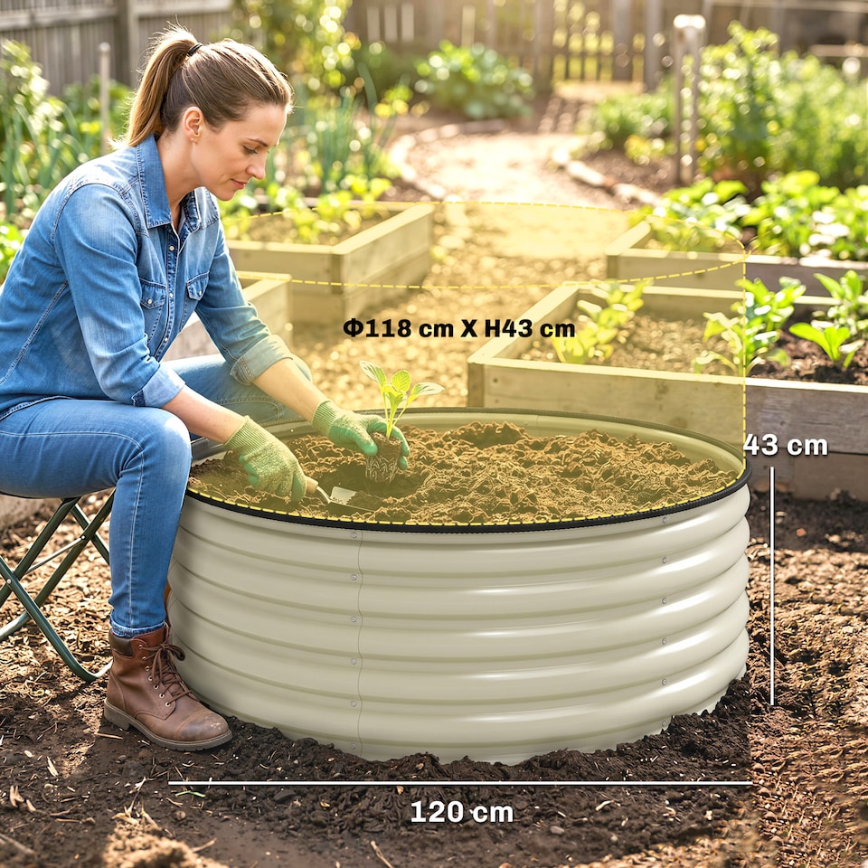 image 1 of Outsunny Galvanised Planter with Gloves, 120 x 120 x 43cm, Cream White | Cream | Cream