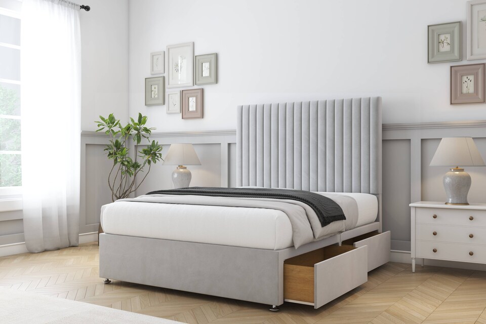 image 1 of Sloomy Manhattan Silver Plush Divan Bed Base 2 Drawers Foot-End With 54 Inch Floor Standing Headboard | Silver | Silver | Small Double | 1
