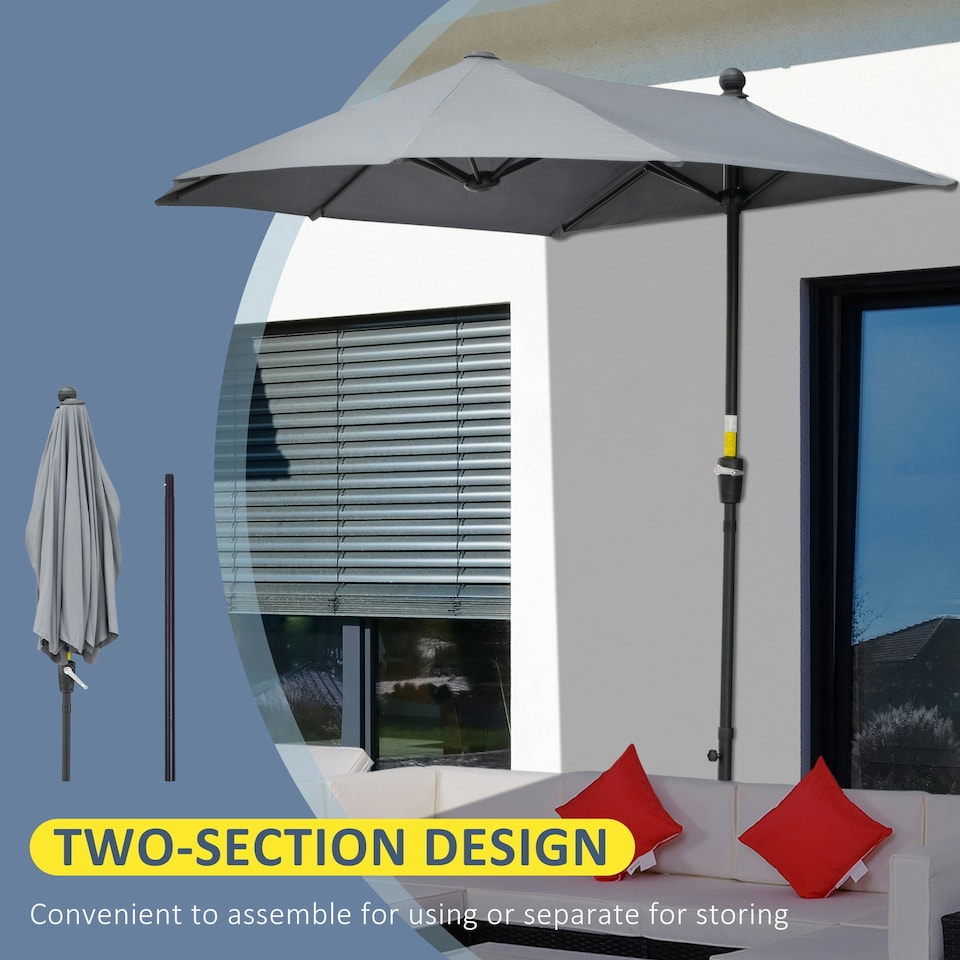 image 1 of Outsunny 2m Half Garden Parasol Market Umbrella w/ Crank Handle, Base Dark Grey