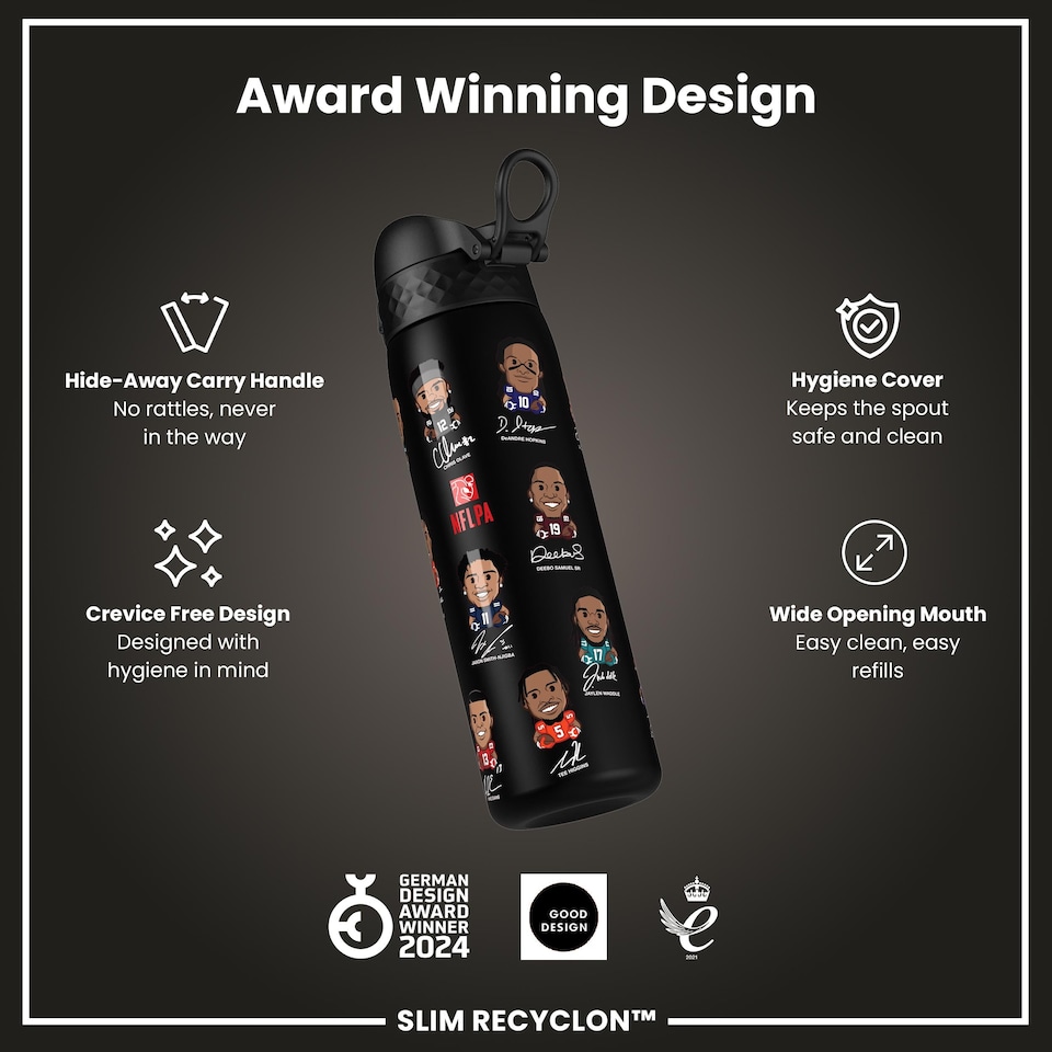image 1 of Leak Proof Slim Water Bottle, BPA Free, NFL, 500ml (18oz) | Black | NFLPA Wide Receivers | One Size