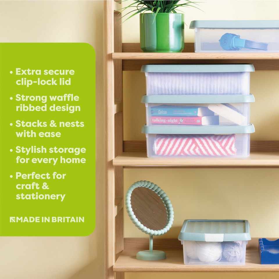 image 1 of Wham Clip 5x 7L Rectangular Plastic Storage Boxes with Clip Lock Lids. Ideal for Home, Office, Toys & More - Clear/Green Milieu | Green | Green Milleu | 5