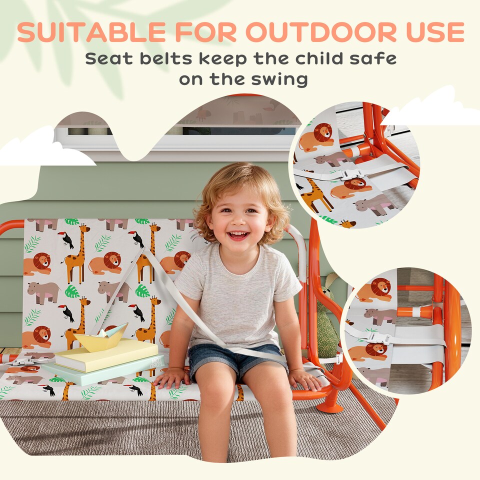 image 1 of AIYAPLAY Kids Porch Swing with Seat Belts, Adjustable Canopy, Orange