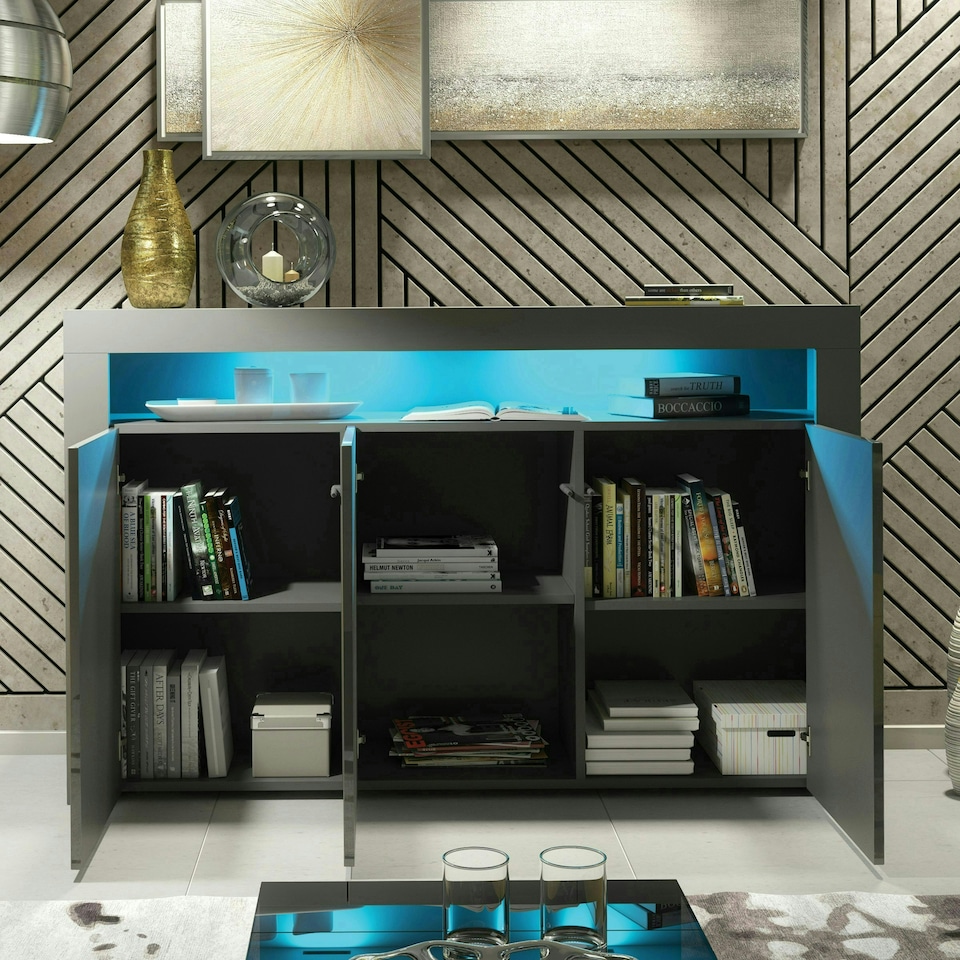 image 1 of Sideboard 155cm Grey Gloss Doors Grey Matt Body Free LED Display Unit Grey