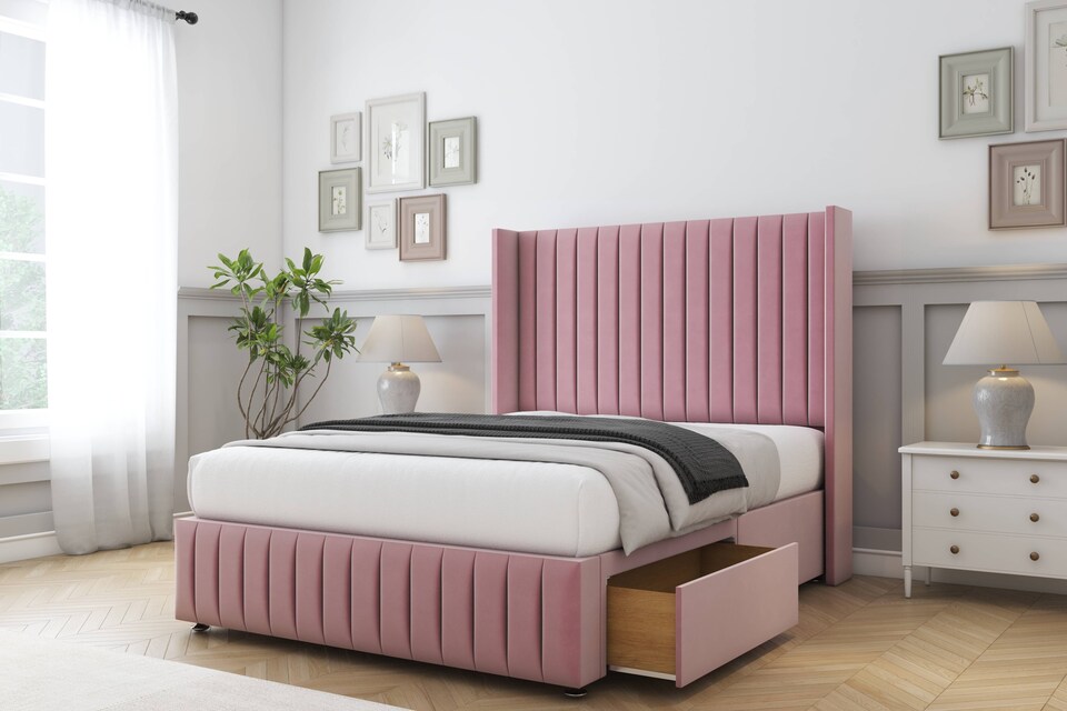 image 1 of Sloomy Marlborough Pink Plush Divan Bed Base No Drawers With 54 Inch Wingback Headboard & 12 Inch Matching Footboard | Pink | Pink | Small Single | 1