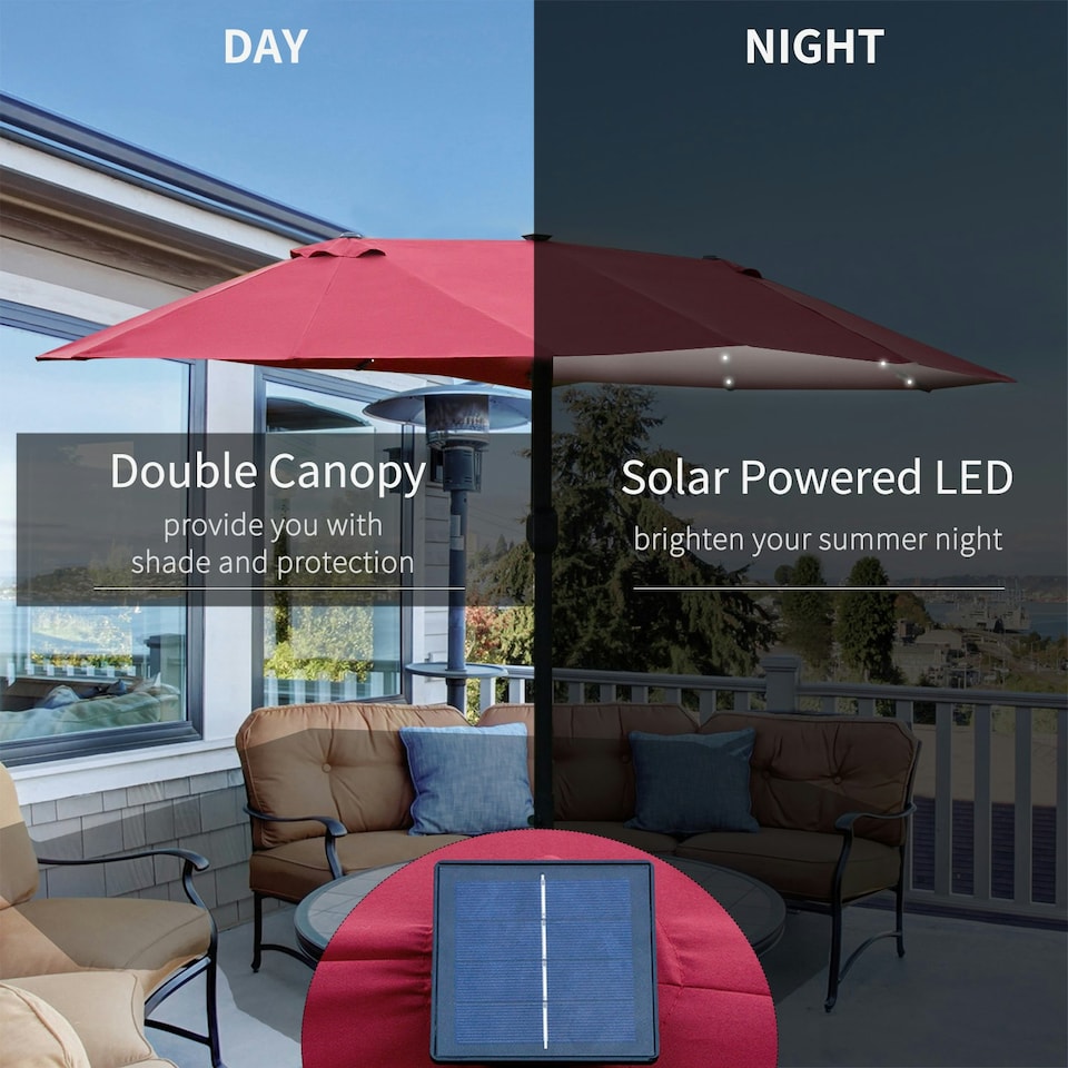 image 1 of Outsunny 4.4m Double-Sided Sun Umbrella Patio Parasol Solar Lights Khaki