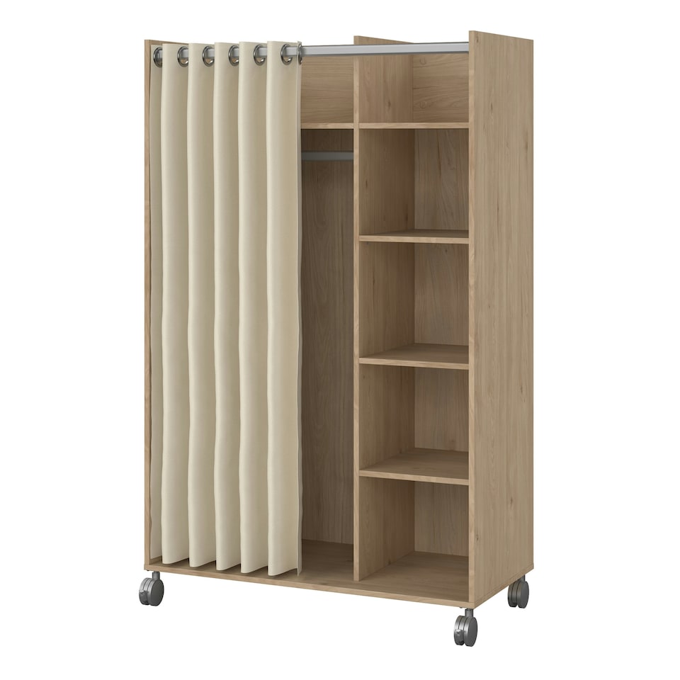 image 1 of Uppsala Open Mobile Wardrobe Unit in Jackson Hickory Oak with a Beige Textile Curtain on Wheels