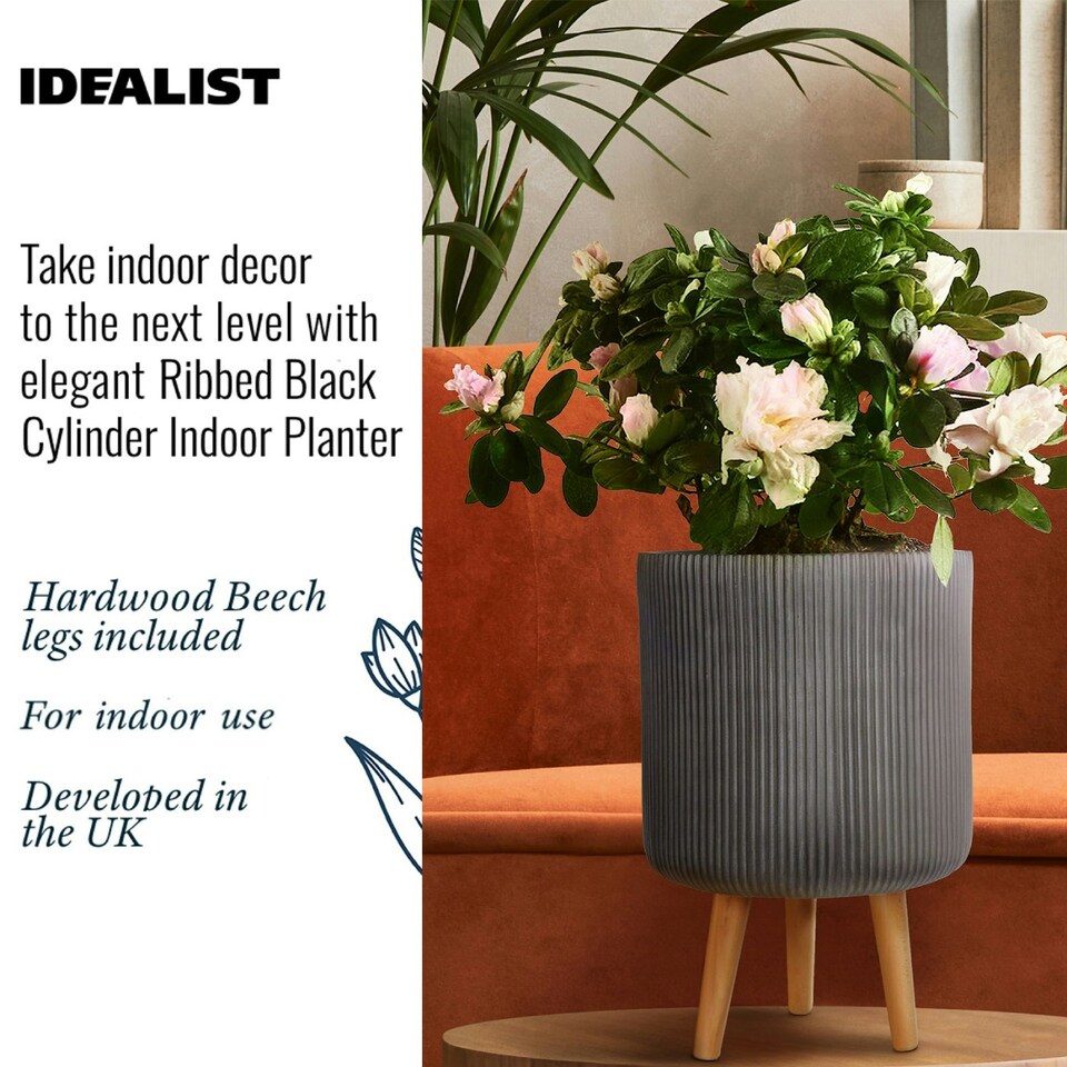 image 1 of Ribbed Black Cylinder Planter on Legs, Round Pot Plant Stand Indoor D25.5 H36 cm, 10.4 ltrs Cap.