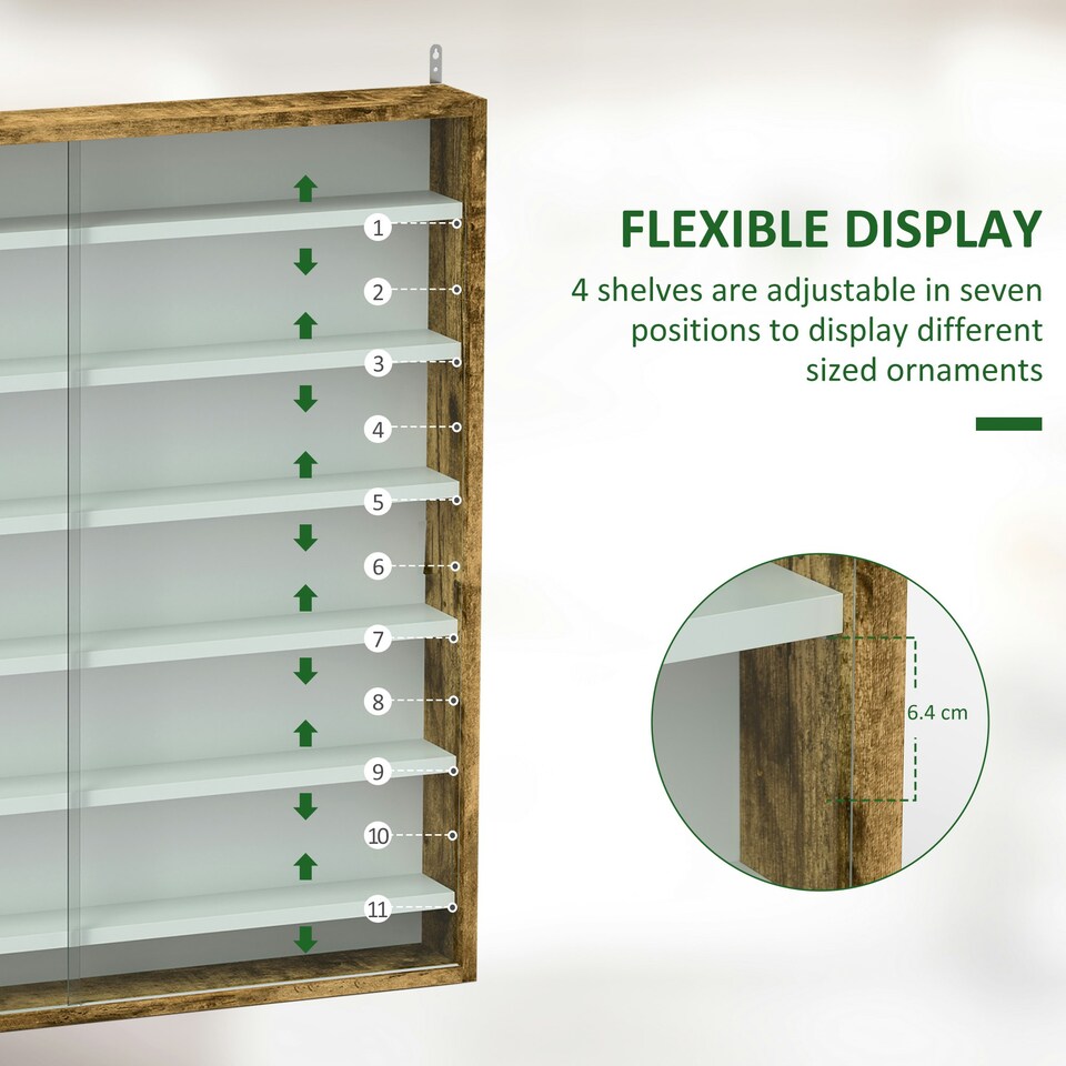 image 1 of HOMCOM 7-Tier Wall Display Cabinet w/ Shelves Glass Doors, Rustic Brown Brown