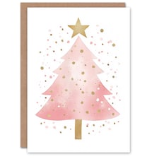 Pink Decorated Tree Gold Star Watercolour For Child Kids Christmas Card