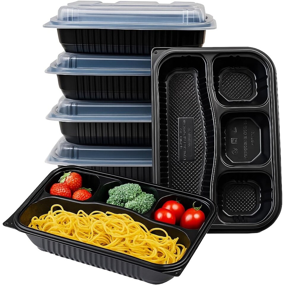 image 1 of Black 4 Compartment Meal Prep Containers With Lid Plastic Microwave Safe Food Storage Box 50pc