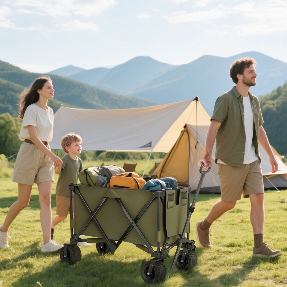 image 1 of Outsunny Folding Garden Trolley, Cargo Traile on Wheels, Collapsible Camping Trolley, Outdoor Utility Wagon with Steel Frame and Oxford Fabric, Green