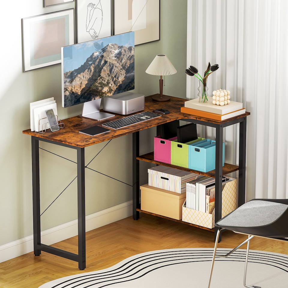 image 1 of HOMCOM L-Shaped Computer Desk Study Workstation with 2 Shelves, Steel Frame | Brown