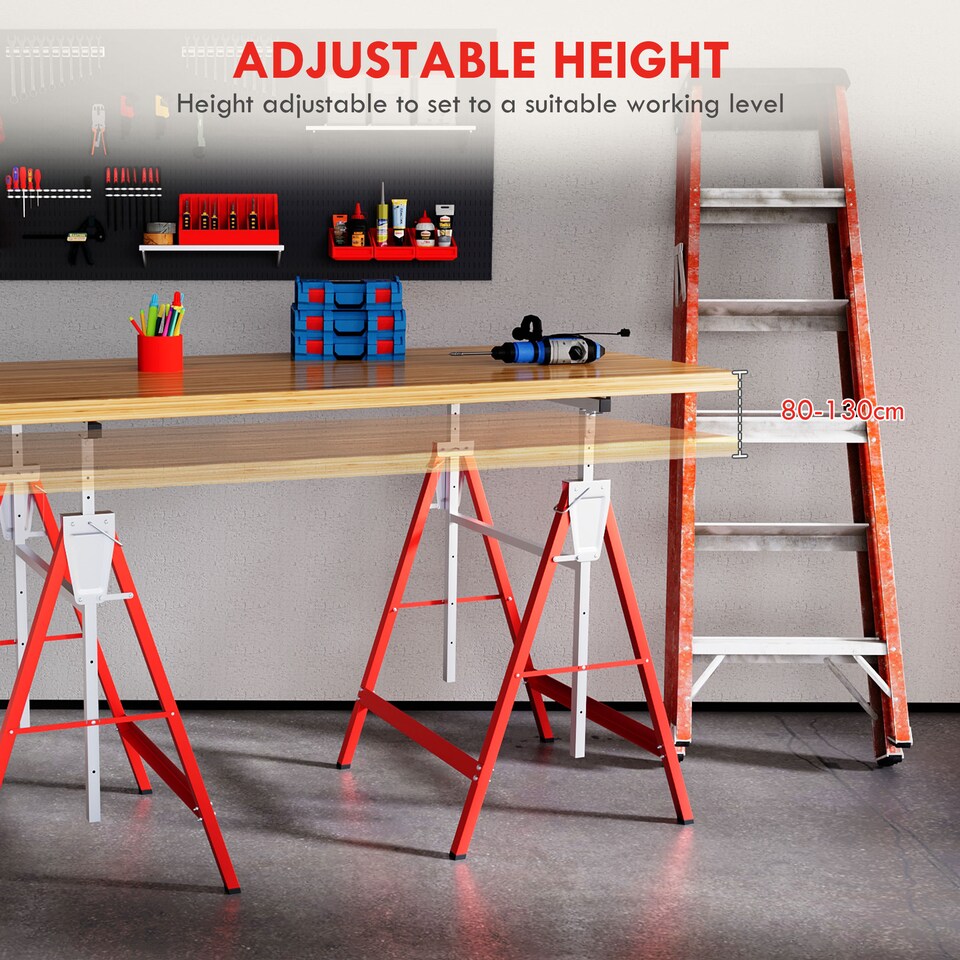 image 1 of HOMCOM Set Of 2 Steel Saw Horses Telescopic Builders Work Bench Folding Red