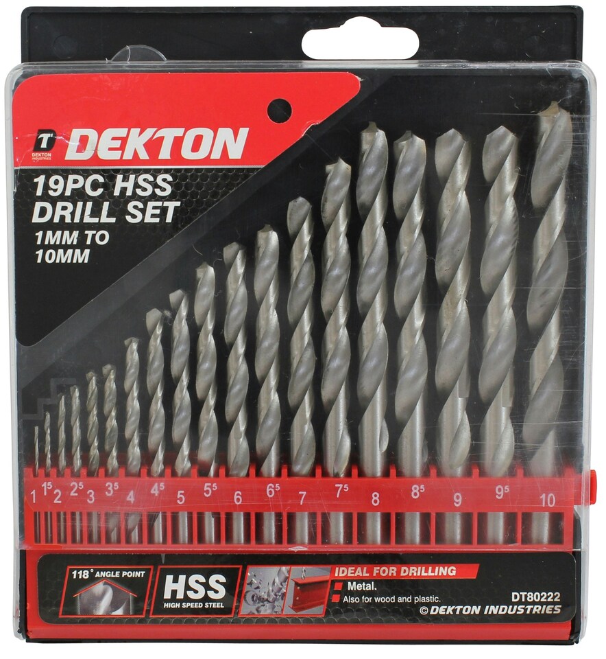 image 1 of Dekton 19pc Hss Drill Set 1mm To 10mm High Speed Steel Drill Bits, Hss Shank Twist Drill Bits Tools For Wood Plastic And Aluminum