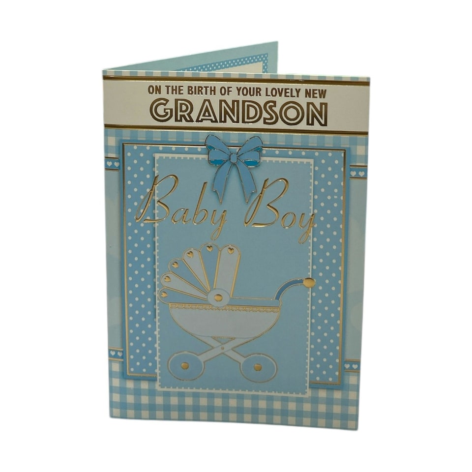 image 1 of On Birth Of Grandson Blue Pram Design Congratulations Card