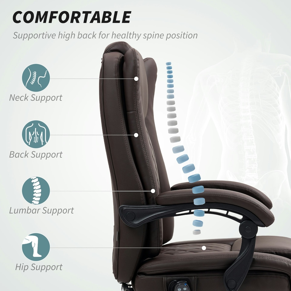 image 1 of HOMCOM PU Leather Massage Office Chair, Reclining Desk Chair, Brown